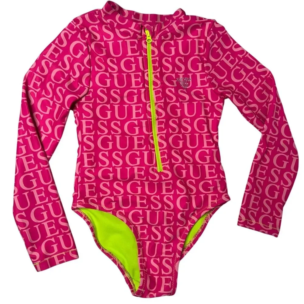 Guess Kids Hot Pink Logo Rashguard Swimsuit Neon Zip One Piece Size 4